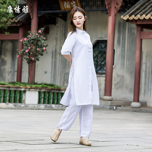 New Arrival Linen Solid Color Yoga Master Outfit Two-Piece Set Meditation Monk Tai Chi Zen Practice Wear Plus Size Extra Wide Extra Large