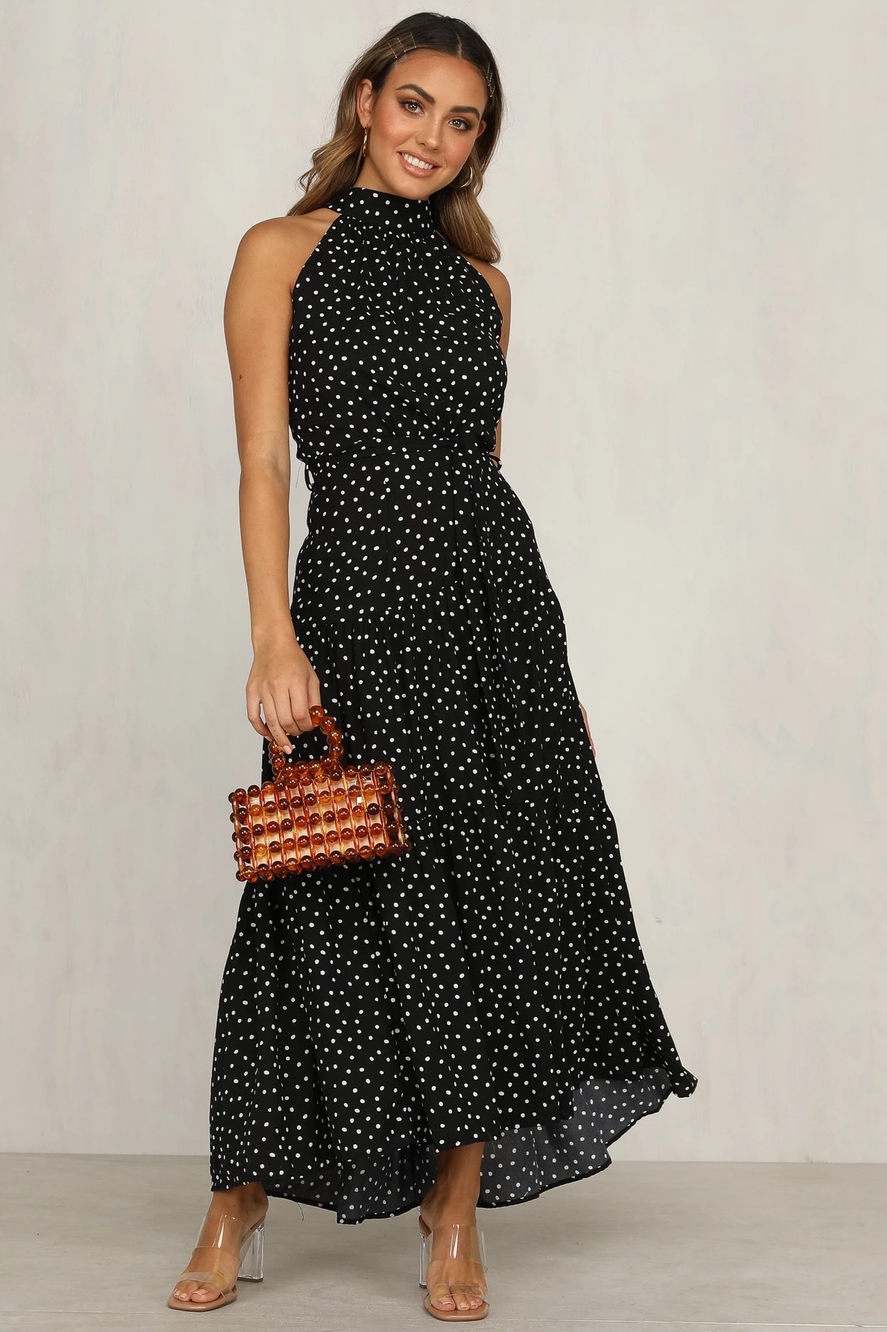 summer new women s polka dot round neck mid-waist sleeveless ruffled flounce dress NSYD3859