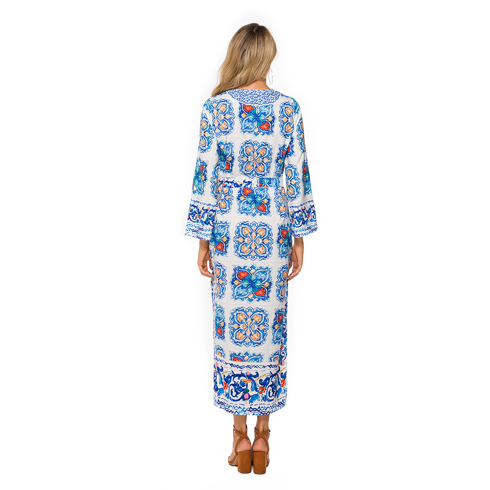 Women Bohemian Beach Skirt Blue and White Porcelain Evening Dress_autovado.com