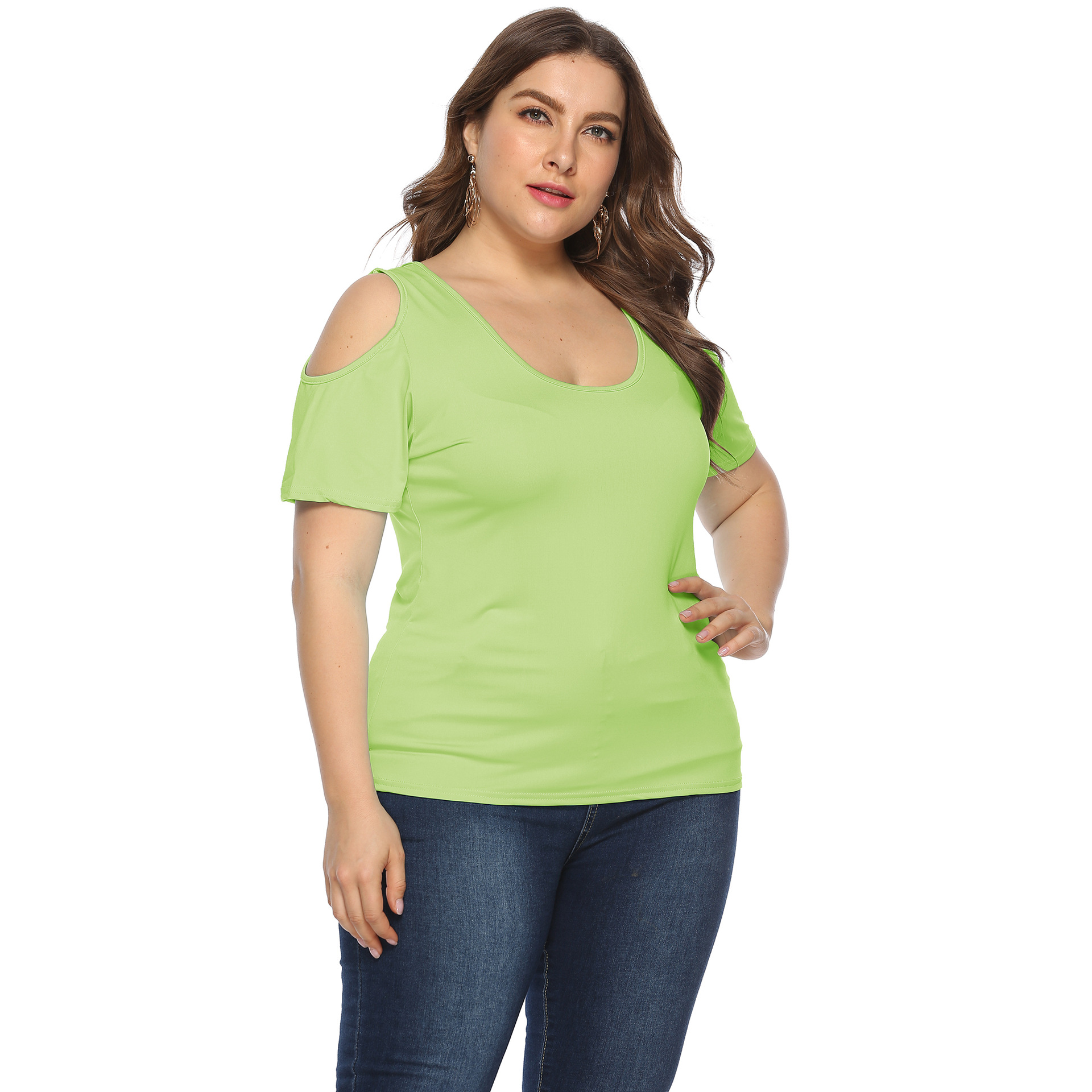 Plus Size Solid Color Simple Round Neck Strapless Short Sleeve T-Shirt NSOY27389