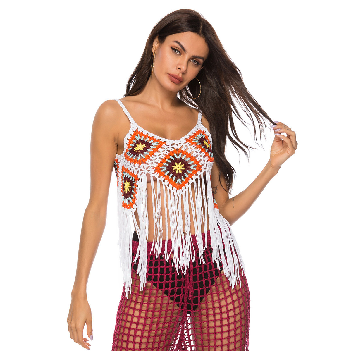 2019跨境新款手勾花流苏双面穿吊带衫比基尼泳衣外搭沙滩罩衫女