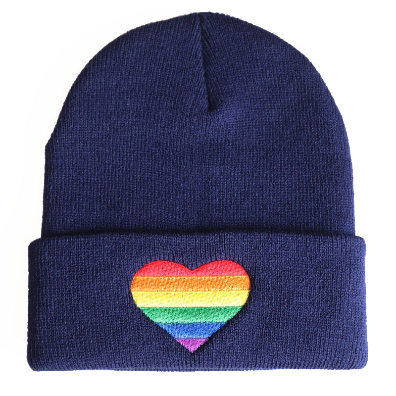 Rainbow, Heart Shape Pattern Winter, Autumn Season Unisex Simple Style Rainbow Heart Shape Embroidery Crimping Wool Cap