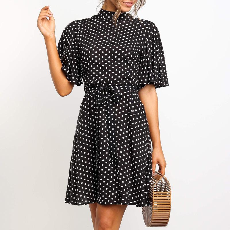 Polka Dot Print High Neck Tie Short Sleeve Chiffon Dress NSGE37912