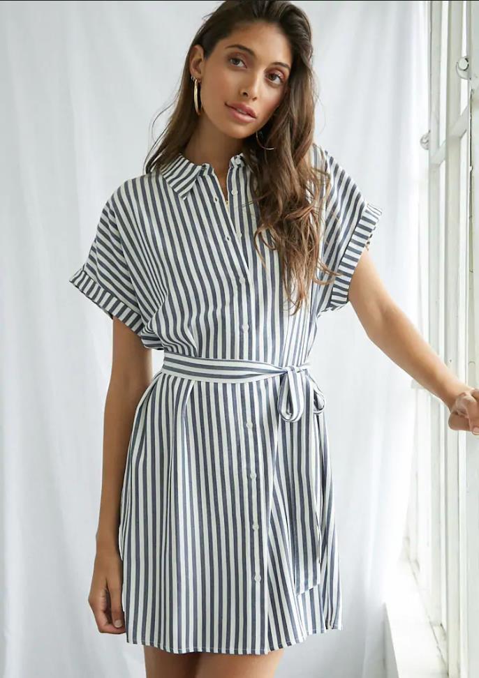 summer button lace striped shirt dress nihaostyles wholesale clothing NSJRM81971