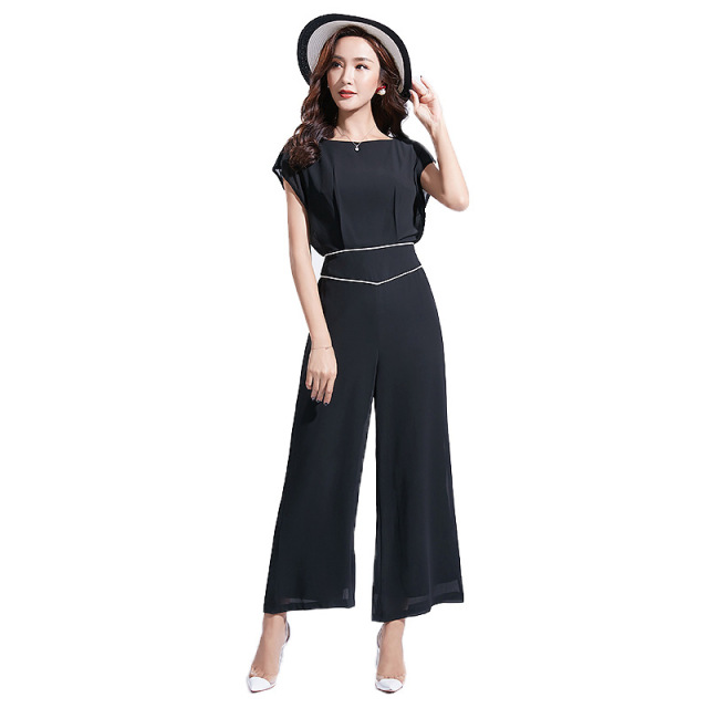 Summer New Round-collar Slim-waisted Tie with Broad-legged Pants 