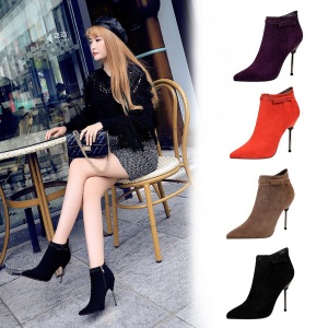 Korean fashion banquet short women’s boots thin heel super high suede pointed head Rhinestone sexy thin short boots