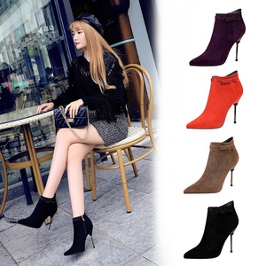 Korean fashion banquet short women’s boots thin heel super high suede pointed head Rhinestone sexy thin short boots