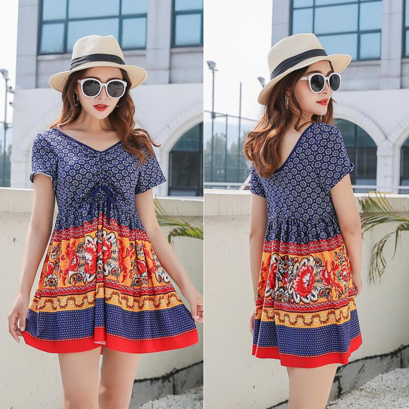 泳衣加大码女士连体2019新款印花中年妈妈遮肚显瘦泡温泉保守泳装|ru