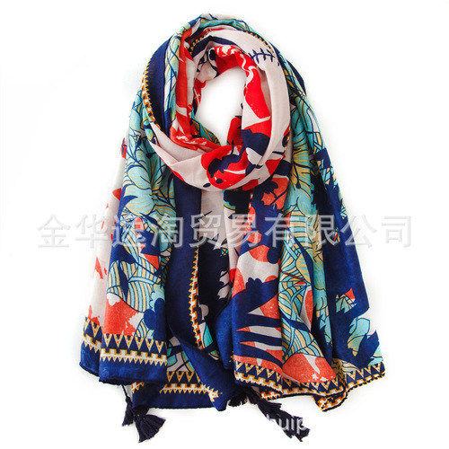 Sun protection shawl for women, summer ethnic style cotton and linen silk scarf, printed tassel tulle scarf, travel beach towel, sunshade scarf