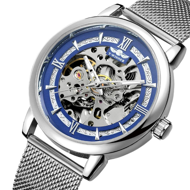 Ganador reloj mecánico automático de los hombres moda hueco transparente Fondo volante Acero inoxidable malla cinturón reloj mecánico B099