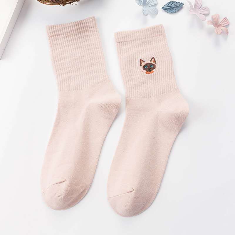 Cat Embroidered Sock Grey