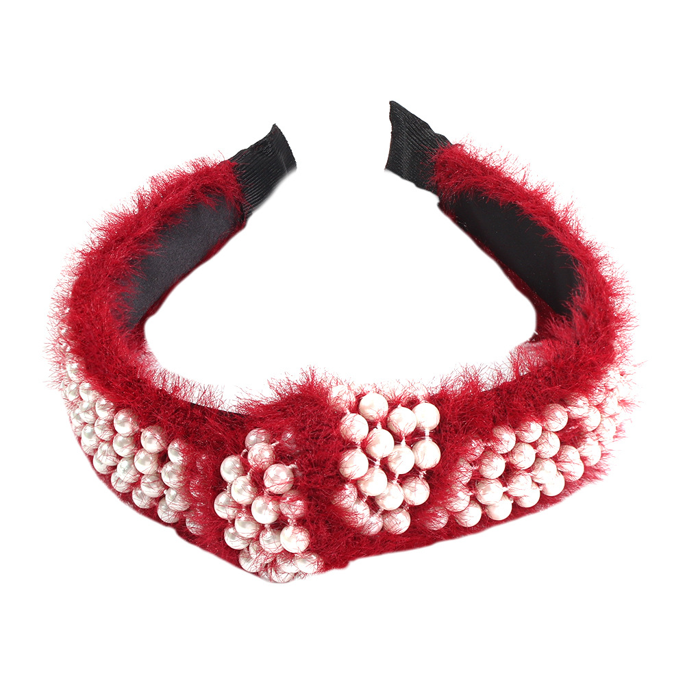 Women's Broad-knit Mink Hair Trendy Hoop With Pearl Knotting Solid Color Knitted Hair Accessories display picture 2