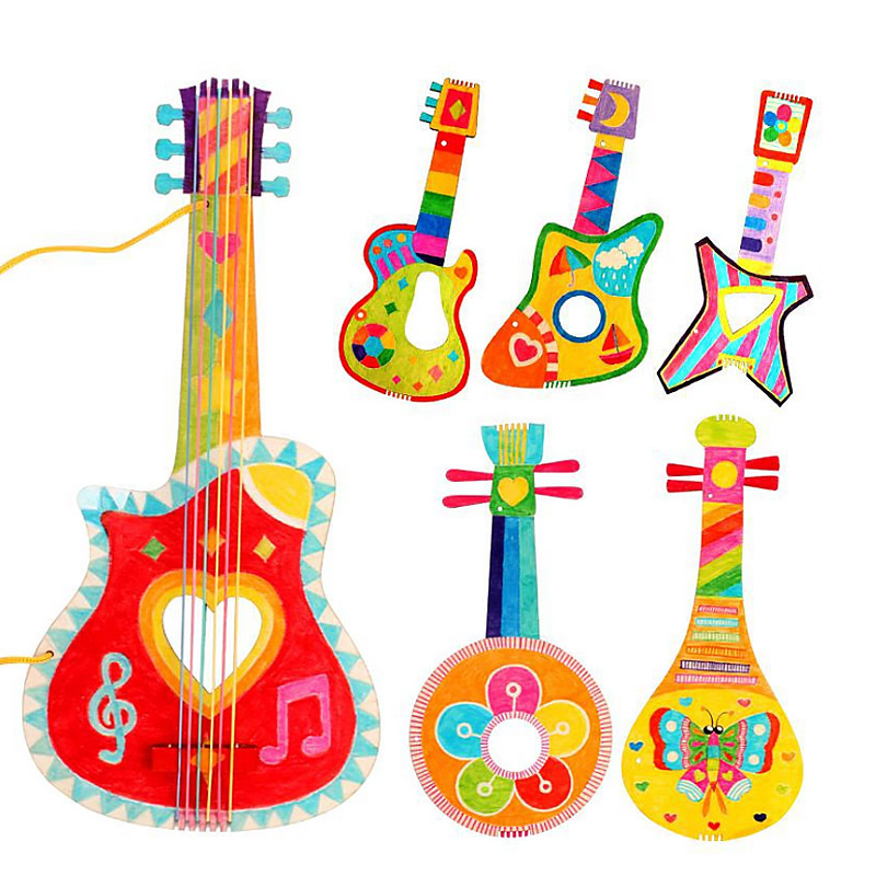 1 niños hechos a mano DIY pintura graffiti blanco en blanco guitarra de madera kindergarten instrumento musical casero pipa material creativo paquete