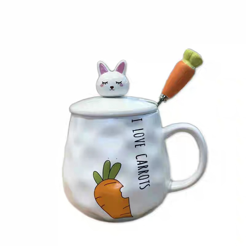 Taza tridimensional de dibujos animados de estilo japonés taza de agua de rábano de conejo con tapa cuchara taza de café Linda Taza de cerámica de oficina