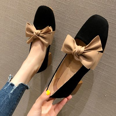鞋子女2019春新款韓版百搭方頭蝴蝶結粗跟單鞋chic網紅溫柔仙女鞋