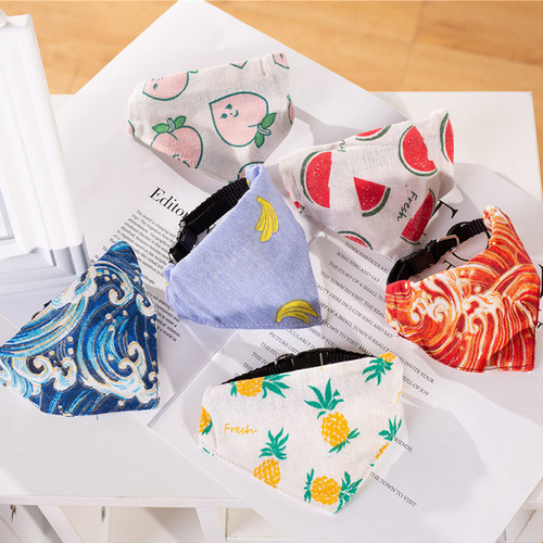 Factory direct selling cat supplies, linen printed cat triangle scarf collar, fruit linen adjustable saliva towel collar