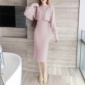 套装女2020冬季新款韩版修身显瘦珠片罩衫毛衣配裙子两件套潮9718
