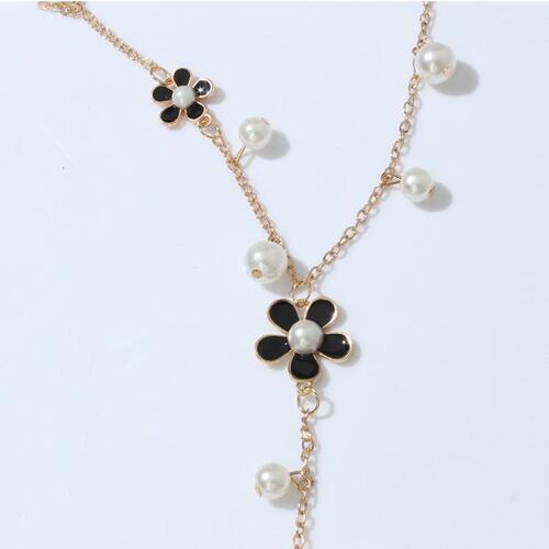 C048 Korean version five-petal small flower sweater chain, long pearl tassel five-leaf flower necklace, fashion accessories for women