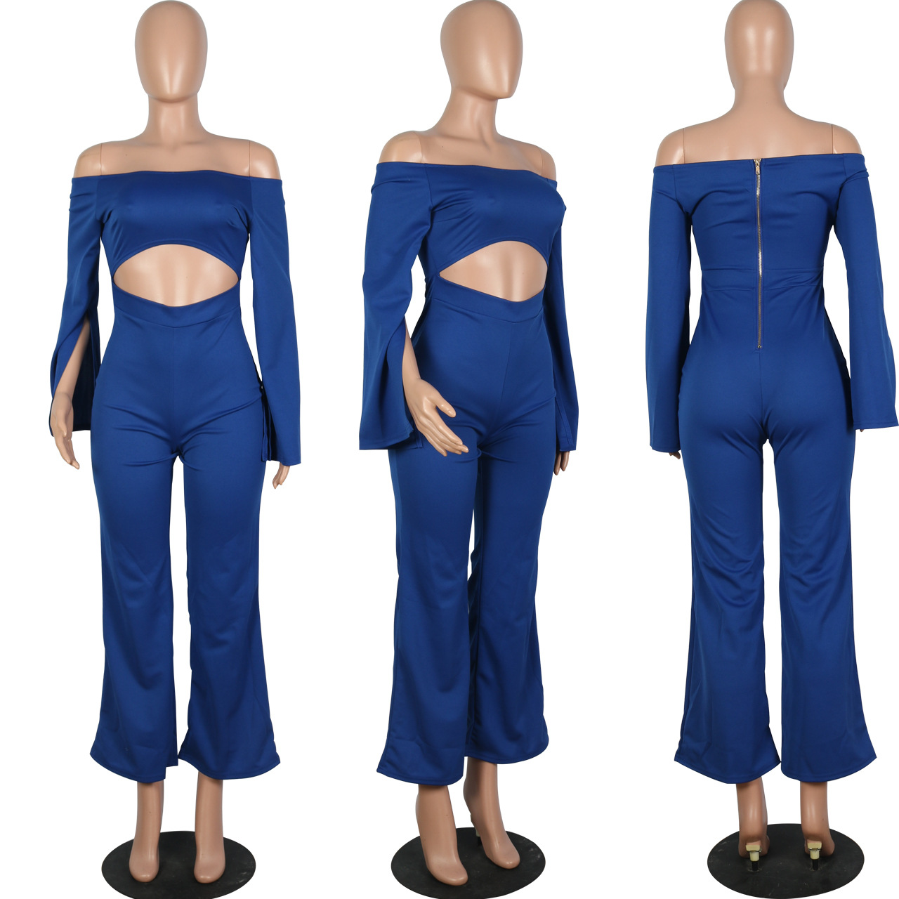 Boutique Casual Solid Color Long Sleeves Cropped off Shoulder Jumpsuit
