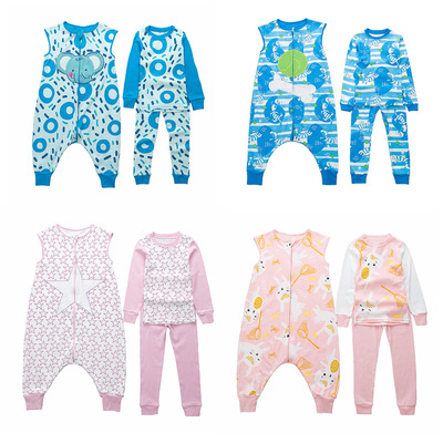 秋冬新款男童防踢被女童分腿睡袋双层纯棉睡袋家居服套装三件套|ms