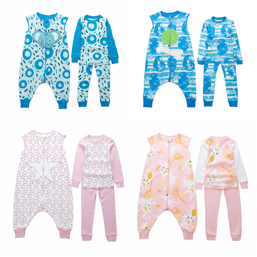 秋冬新款男童防踢被女童分腿睡袋双层纯棉睡袋家居服套装三件套|ms