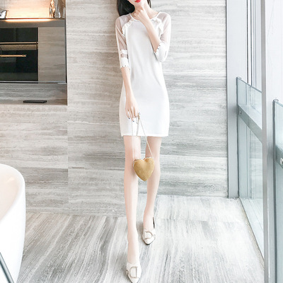 2019夏季韩版连衣裙蕾丝七分袖拼接仙女风包臀性感开叉冰丝针织裙