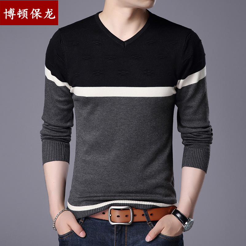 博頓保龍春秋季新款青年針織V領打底衫修身毛衣男長袖條紋春秋