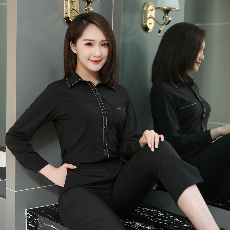 112#衬衫女2019新款时尚春秋黑色气质翻领休闲弹力衬衣　一件代发|ms