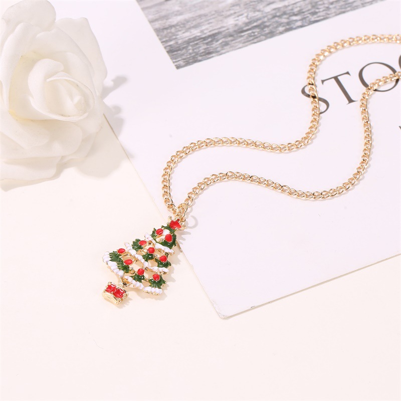 New Fashion Christmas Color Cute Dripping Oil Christmas Tree Earring Necklace Set Wholesale display picture 6