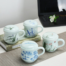 手绘陶瓷茶杯带盖过滤泡茶杯办公室茶水分离杯子家用礼品杯厂批发