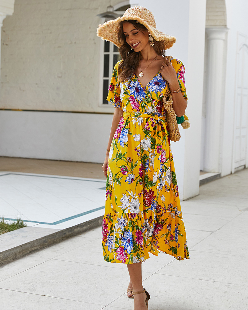 women s spring summer bohemian print tie dress NSKA1042