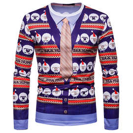 新款3D个性假两件印花时尚男士圣诞节长袖T恤 CT477