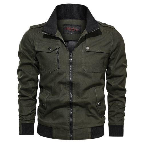 Amazon casual solid color zipper pocket stand-up collar plus-size men's pure cotton thin autumn top