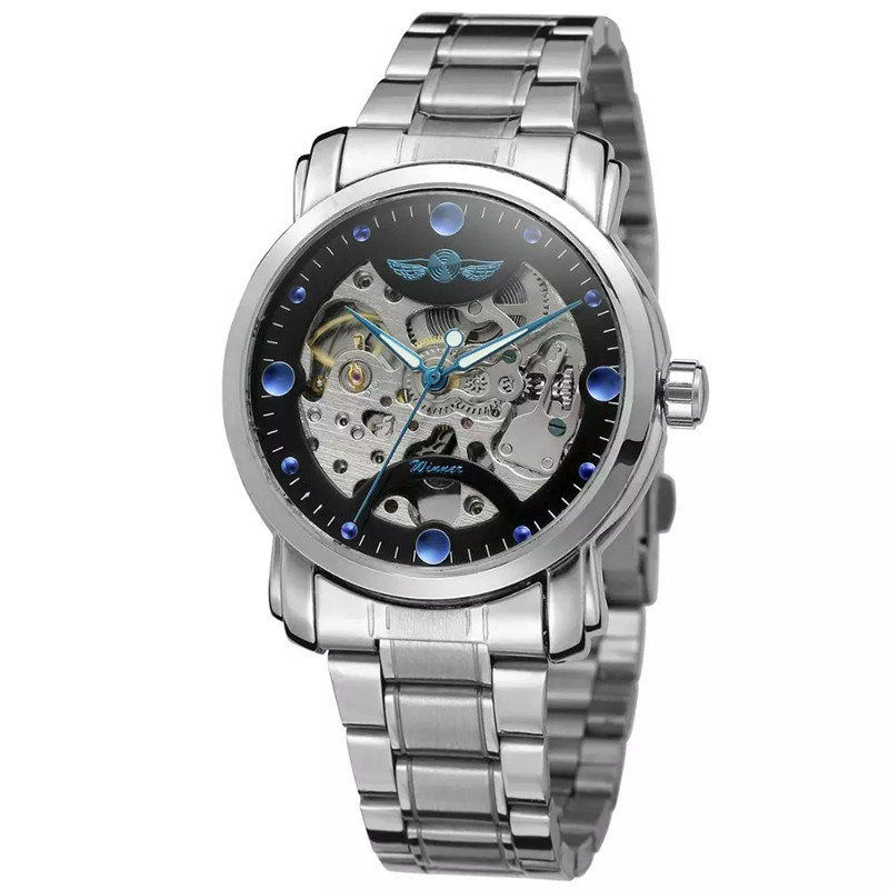 Winner8008 moda reloj mecánico automático de los hombres correa de acero reloj de negocios reloj mecánico transparente hueco de los hombres