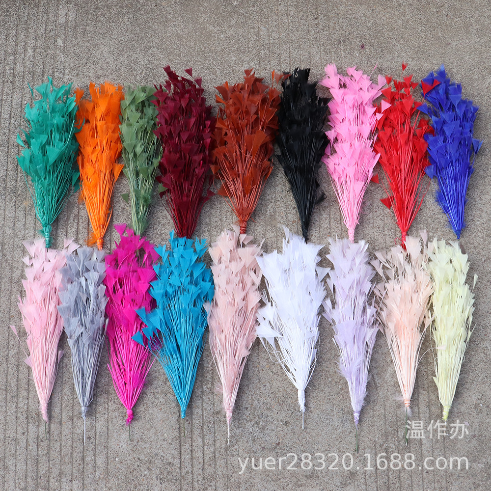 厂家直供羽毛花束装饰插花摆件火鸡毛彩色撕三角铁丝花多色可选