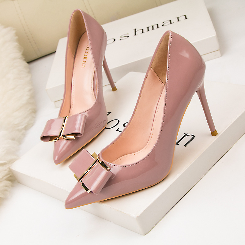 9288-60 Korean version simple slim heel high heels women's shoes shallow mouth pointed sexy slimming high heels bow single shoes