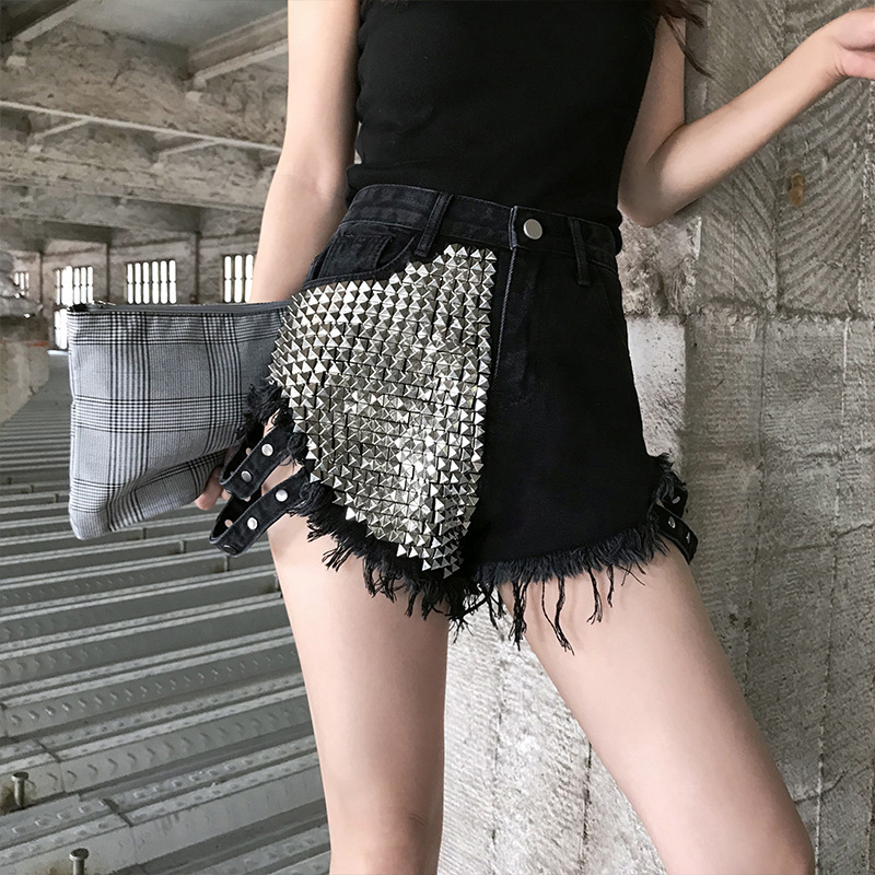 Black a Denim High-Waisted Shorts for Women 2023 New Bf Style Personalized Rivets Loose Wide-Leg Raw Edge Ripped Hot Pants