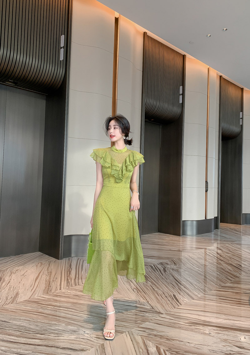 Đầm maxi nữ thắt eo chấm bi phối ren xếp tầng voan dài — Màu xanh lá chi tiết 8