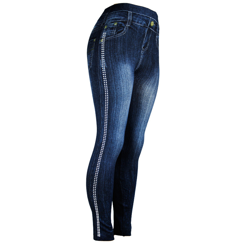 Dam leggings denim look hög midja bomull med prickar byxor_voghion.com