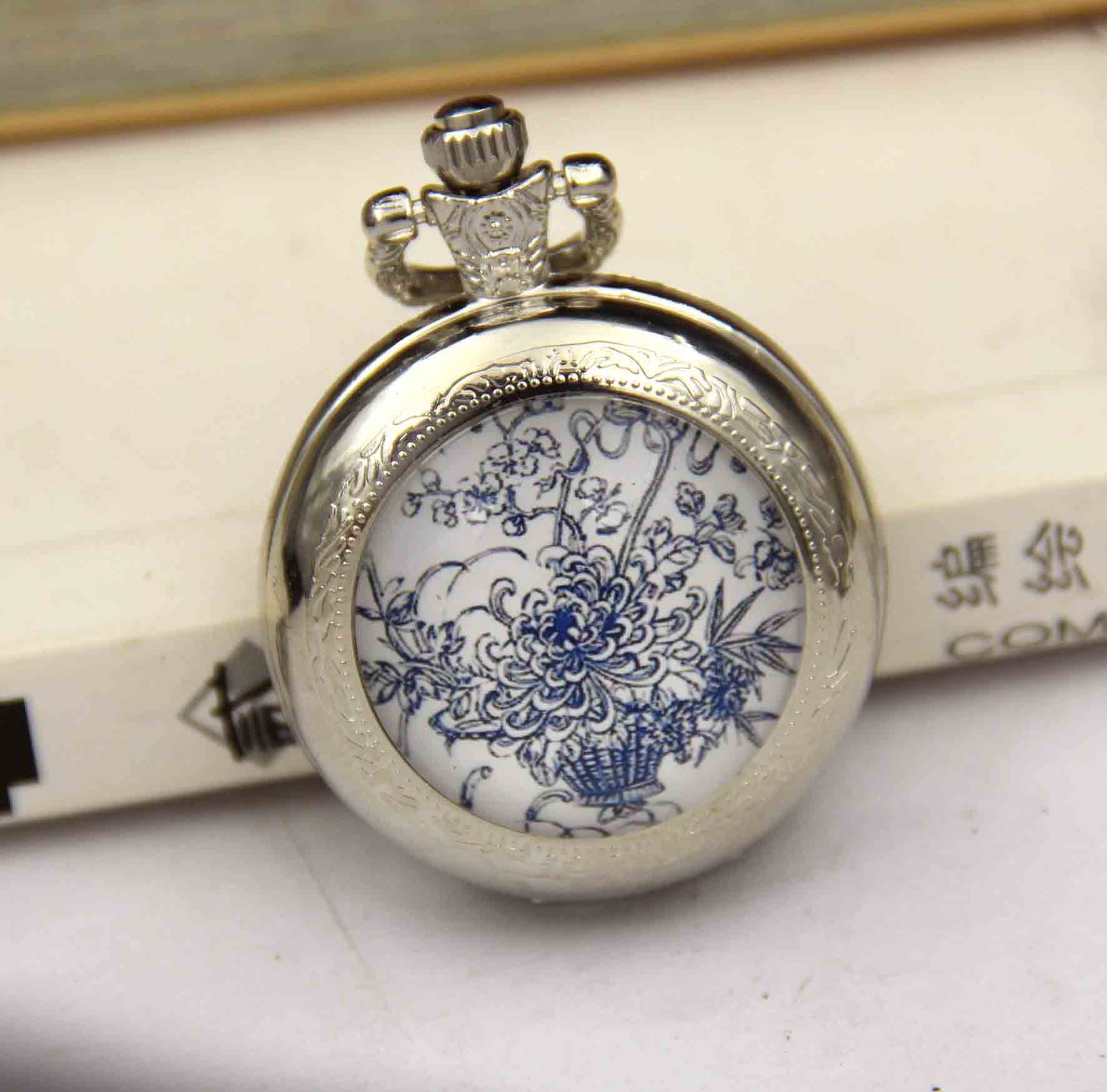 Chinese Style Pocket Watch Necklace Watch Medium Pocket Watch Fashion Pocket Watch Student Hanging Watch Blue and White Porcelain Pocket Watch