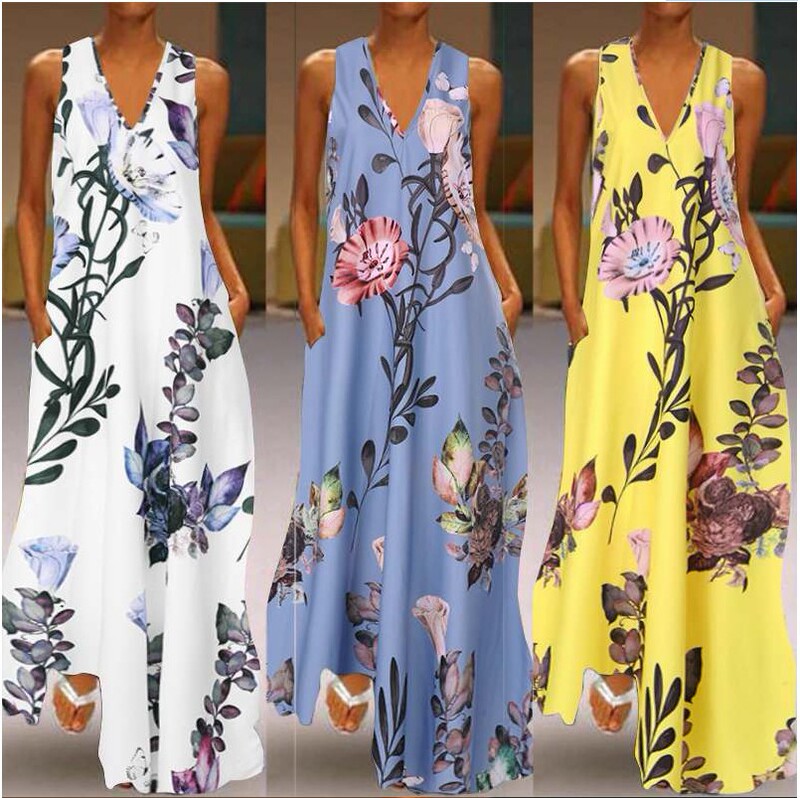 amazon aliexpress 2020 New Summer Deep V Neck Sleeveless Printed a-line Flap Pocket Pants Dress