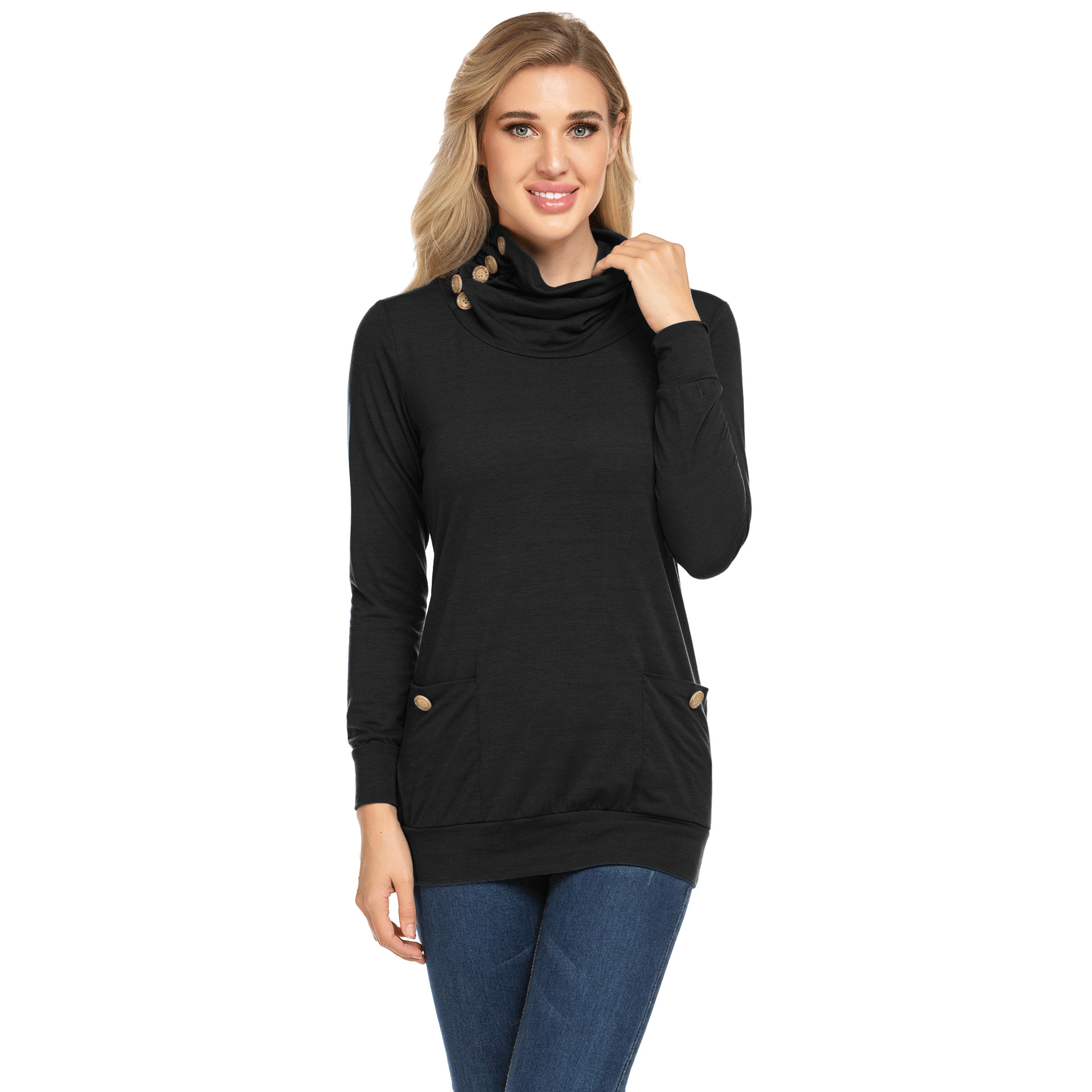 亚马逊ebay秋冬爆款套头衫休闲女士堆领针织T恤长袖上衣口袋卫衣