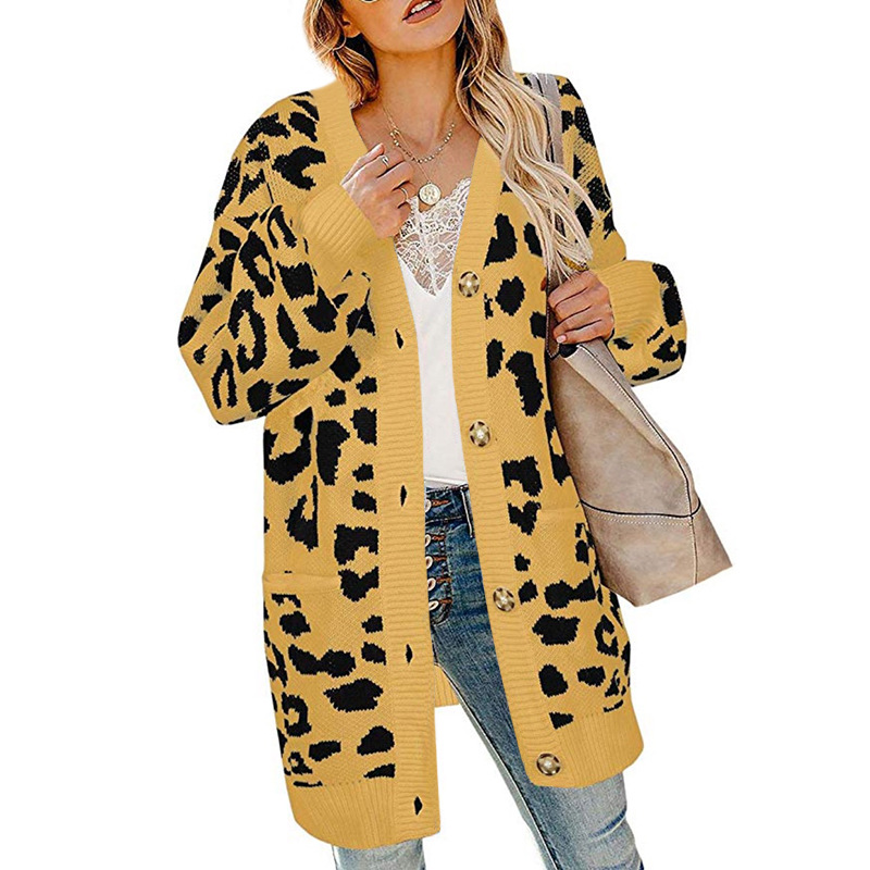 Lantern Sleeve Button Leopard Print knitted Cardigan nihaostyles clothing wholesale NSMMY84053