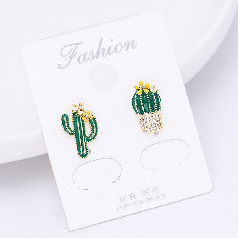 New Asymmetric Sterling Silver Needle Micro Inlaid Zircon Temperament Earrings Cactus Earrings Painted Earrings display picture 13