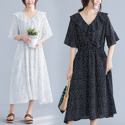 2019夏新款加肥加大碼 V領連衣裙300斤大碼修身顯瘦花點長裙1782
