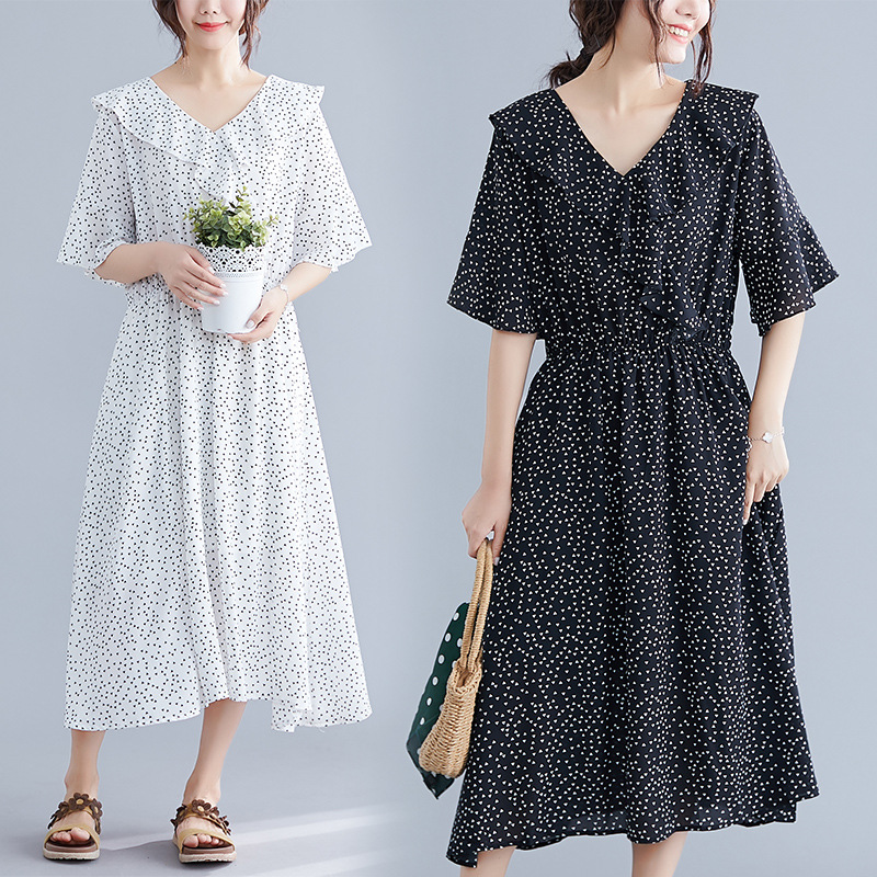 2019夏新款加肥加大碼 V領連衣裙300斤大碼修身顯瘦花點長裙1782