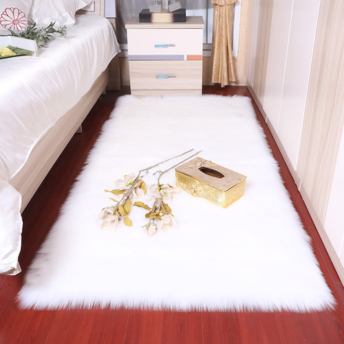 White plush bedside rug, bedroom full-area faux wool carpet, long-pile floor mat for bay windows, living room and display window area rug