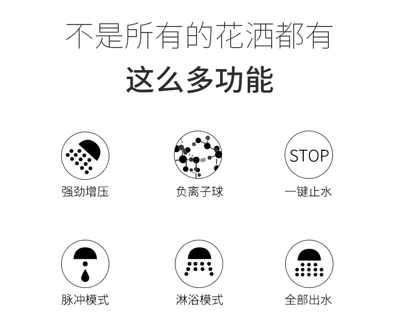New three-speed negative ion water-stop showerhead pressure-increasing water-saving and anti-clogging one-click pressure-increasing showerhead cross-border supply Specification drawing