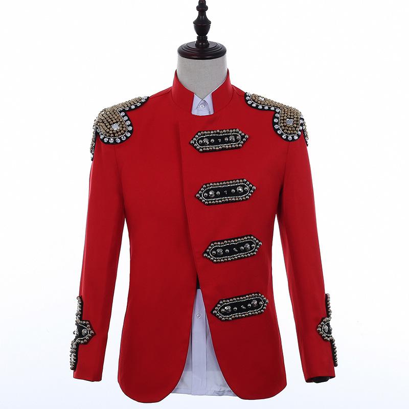 Nightclub male singer punk performance red black jackets pop DJ stage hip hop coats jazz singers band host performance clothes