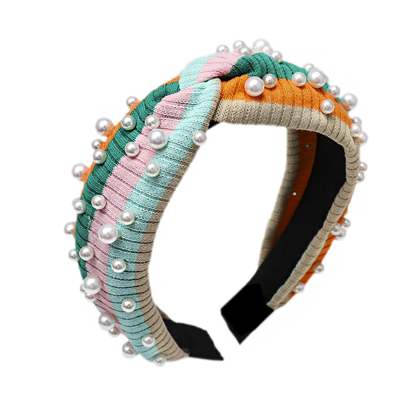 Simple Wild Rainbow Pearl Hairpin Stripe Knit Wool Wide Wash Headband display picture 2